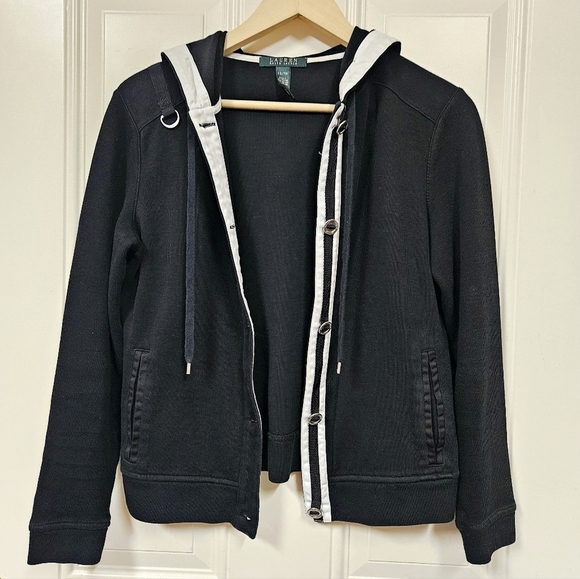 Lauren Ralph Lauren Black Hooded cotton SweaterJacket Button Up size XS - Picture 2 of 9